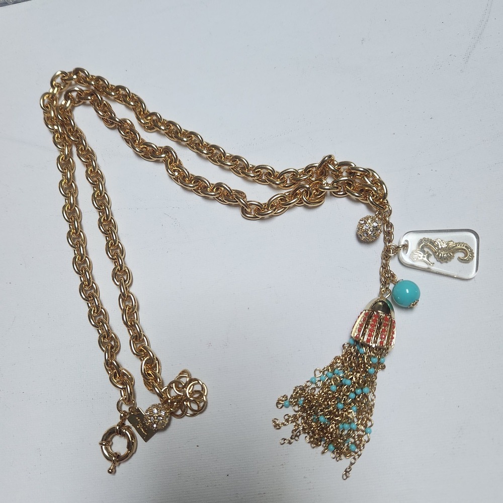 Lilly Pulitzer Gold Seahorse Tassel Statement Necklace Turquoise Coral Nautical - Picture 12 of 16